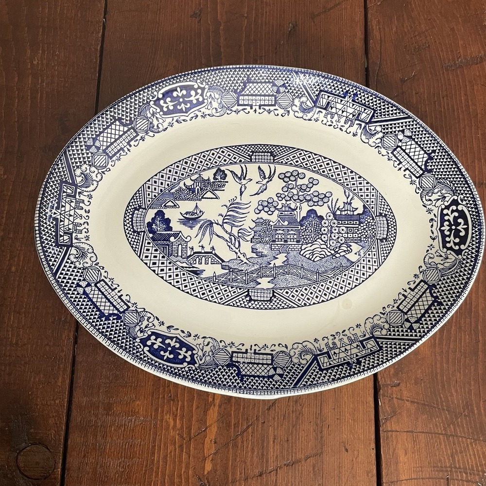 Vintage Blue Willow Pattern Oblong Platter Marked USA 13"